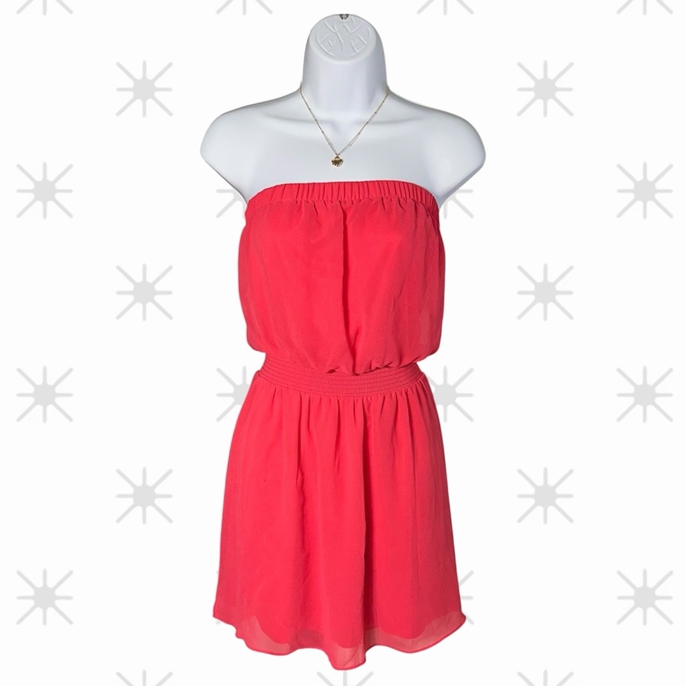 Express Size small strapless Flowy cinched elastic waist Coral Red minidress.